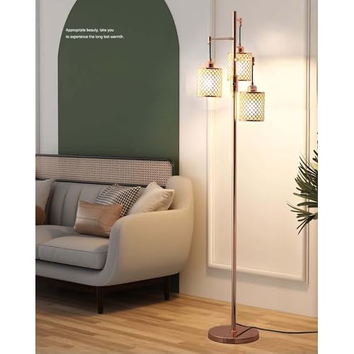 Industrial Floor Lamp,Dimmable Floor Lamp,Gold Tree Lamp Standing Lamp Tall Pole Lamps with 3 Elegant lampshades for Living Room Bedroom Office, Indoor