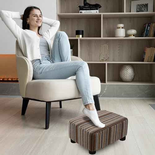 CAROLMADE Small Foot Stool Ottoman Footstool with Legs Under Desk Footrest for Living Room Bedroom and Office,Linen-Stripe Brown