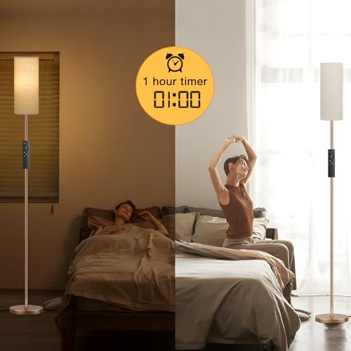 Ambimall 64'' Floor Lamps for Living Room with Remote Control and Stepless Dimmable Colors Temperature & Brightness, 9W Bulb Included(Beige Lampshade & Brown Pole)