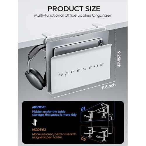 Under Desk Laptop Mount, Hanging Organizer with 2 Under Desk Hooks, Side Storage for Laptops, 22 lb Load Capacity [White]