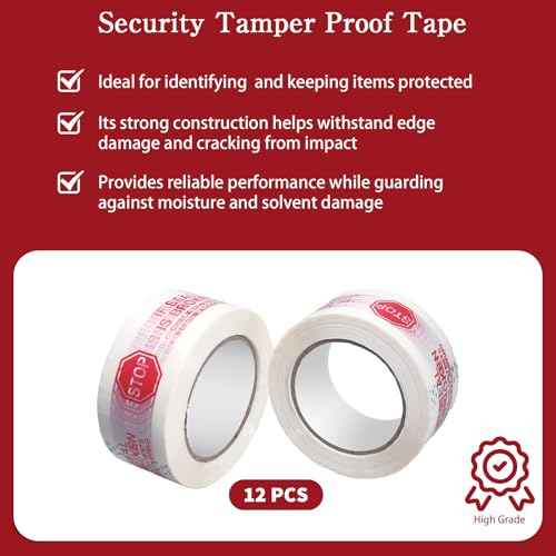 12 Rolls Security Tamper Proof Tape with Tape Dispenser 2 Inch x 110 Yards x 2 Mil Pre Printed Stop Sign Sealing Tape for Moving Heavy Duty Packing