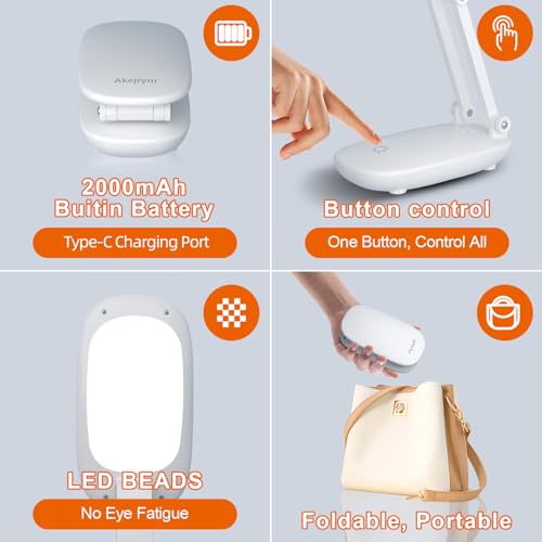 Akejrym White Rechargeable LED Desk Lamp - Foldable, Dimmable Office & Home Light