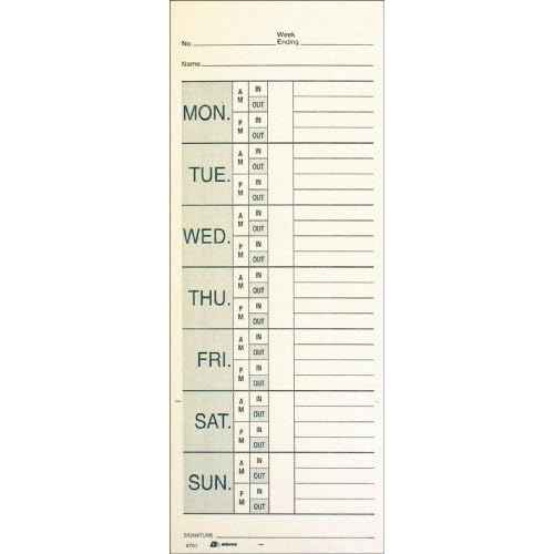 Adams Time Cards, Weekly, 2-Sided, Overtime Format, Named Days, 3-3/8" x 9", Manila, Green/Red Print, 200-Count (9791-200)