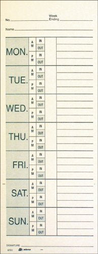 Adams Weekly Time Cards 3-3/8 x 9 Inches, Double-Sided, Overtime Format, Manila, Green/Red Print, 200-Count