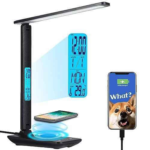 Multifunctional LED Desk Lamp with Wireless Charger,USB Charging Port,Clock,Phone Holder,Desk Lamps for Home Office,Eye-Caring Reading Lamp,Study Lamp for Boys,Girls,Teens,Black
