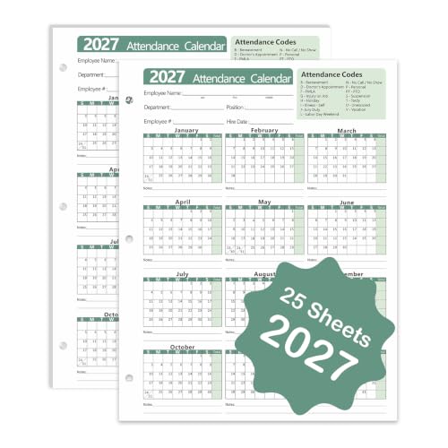 VistaRise 2027 Employee Attendance Calendar - Pack of 25 Green Sheets