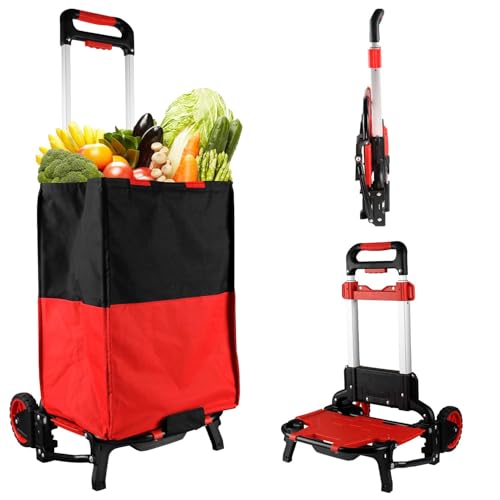 Folding Shopping Cart with Removable Waterproof Bag and Bungee Cord, Heavy Duty Push Cart with Mute Wheels, Portable Hand Truck for Shopping, Groceries, Travel and Office Use