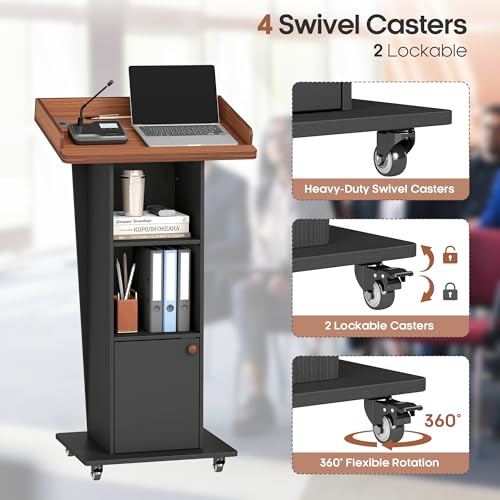 Baoz 15° Tilted Podium Stand with Cabinet & Lockable Wheels (Black-Brown) - Portable Lecture Presentations