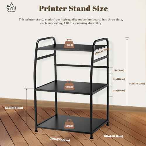 Printer Stand - Large 3 Tier Printer Table with Adjustable Storage Shelf - Rolling Cart with Wheels -Stable Desk for Home Office Use (Black)