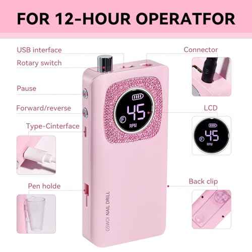 45000RPM Professional Portable Nail Drill Electric File with Pink diamond£¬ Rechargeable Nail E File Machine with Bits & Clean for Acrylic Nails Remove Nail Gel Polish Manicure, Cordless