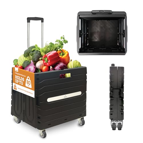 Inspired Living Collapsible Folding Utility Cart, Heavy-Duty Rolling Crate with 360¡Æ Wheels, Telescoping Handle, Hidden Lid, Holds 200 Lbs, Black