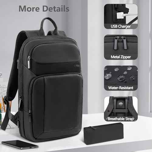 Backpack for Men Slim & Expandable Travel Laptop Backpack with USB Charging Port Water Resistant Anti-Theft Business Backpack Fits 15.6In Laptop for Commute Work College with Small Bag(Business Black)