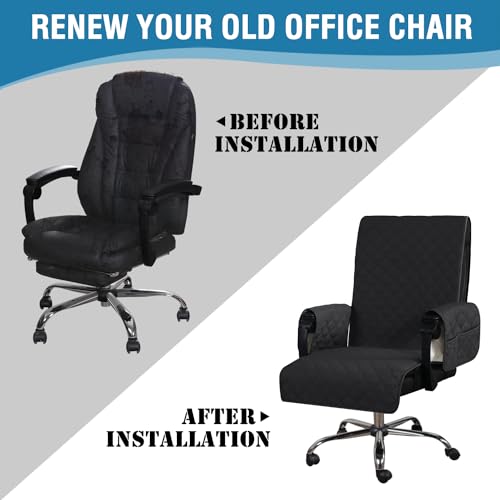 H.VERSAILTEX Water-Resistant Office Chair Protector with Armrest Covers, Universal High-Back Chair Cover (Black/Grey) – Includes Buckles