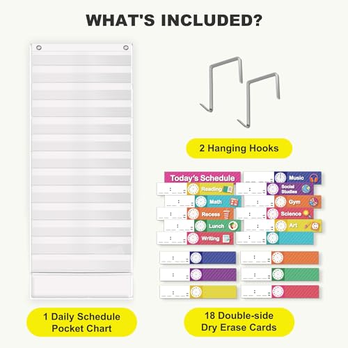 Eamay White Daily Schedule Pocket Chart with 13+1 Pockets & 18 Dry Erase Cards
