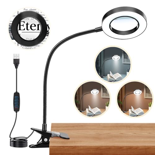 Black 10X LED Lighted Magnifying Glass with Clip & Adjustable Arm