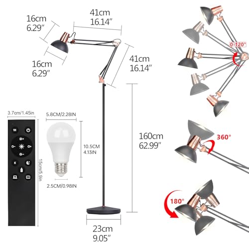 FIRVRE LED Floor Lamp with Remote Control, Dimmable Industrial Floor Light, 3 Usage Modes - Floors Lamp, Table Lamp and Clip Lamp,Pole Lamp for Living Room, Bedroom, Office (LED Bulb Included)