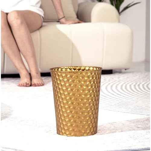 Small Metal Trash Can Wastebasket, Decorative Honeycomb Garbage Can Waste Basket, Modern Farmhouse Round Trash Bin for Bathroom, Bedroom, Kitchen and Office (Gold)