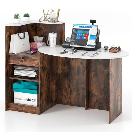 GIANTEX White & Rustic Brown Reception Desk with Lockable Drawer, Oval Top & Adjustable Shelf