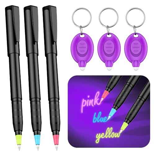 Uniclife 3 Pcs Invisible Ink Pen with 3 Pcs UV LED Keychain Flashlight, Spy Pen, Disappearing Ink Magic Pen for Secret Notes, Magic Spy Marker with Purple Light for Christmas Halloween Holiday Present