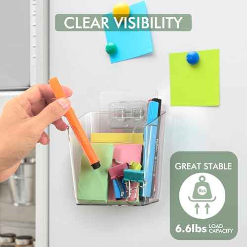 Clear Adhesive Wall Storage Bins, Small 4 Pack Cabinet Door Organizer Holders, Hanging Wall Mount Pockets, Plastic Cups for Shower Bathroom Makeup Office Craft Remote Kitchen Sink RV Organization
