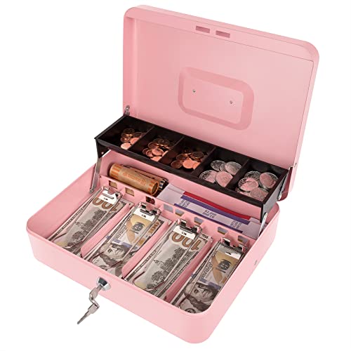 Crinwaki Pink Cash Box with Money Tray and Key Lock – Large Pink Cash Drawer Safe