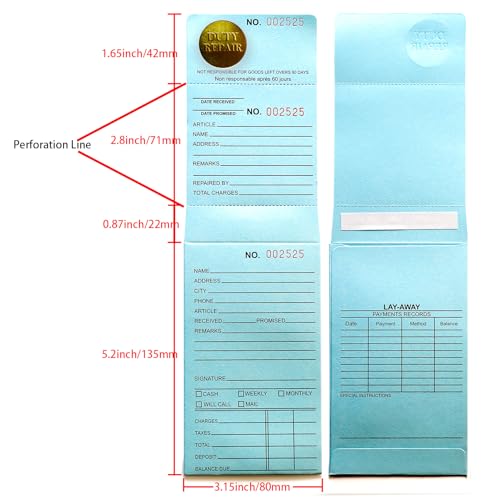Jewelry Repair Envelopes with Consecutive Numbering, Tear-Off 3-Part Light Blue