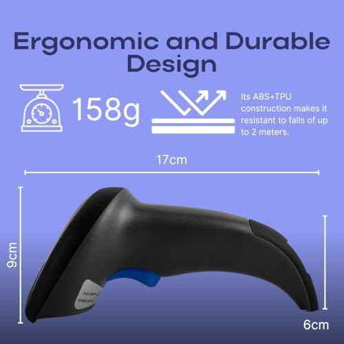 Barcode Scanner, Wireless and Bluetooth 1D and 2D Code Reading, Long Wireless Range 65m, 1200mAh Battery, USB, High Speed Scanning for Inventory and Point of Sale