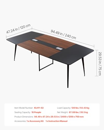 VEVOR 8 FT Boat Shaped Conference Table for 10 Persons, Modern Office Meeting Desk with Metal Legs, Black & Brown