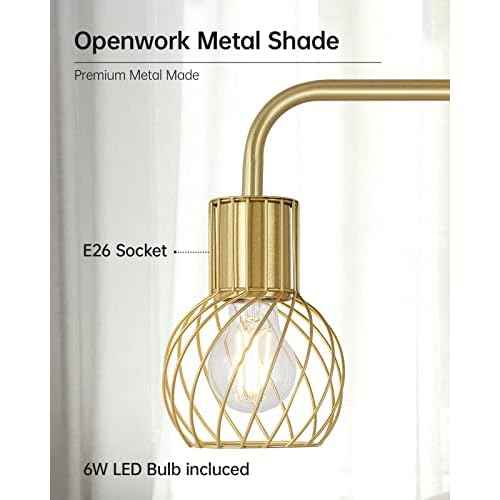 Brass Gold Standing Floor Lamp for Living Room - Modern Industrial Design with 6W LED Bulb, Foot Switch, Metal Tall Stand, Minimalist Farmhouse Boho Style for Bedroom & Office