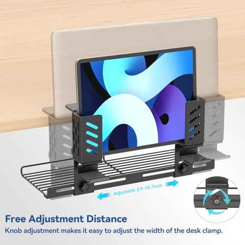 KDD 3-in-1 Laptop Stand Holder Storage, Adjustable Under Desk Cable Management Tray with Headphone Hanger and Cable Ties, No Drill Clamp on Desk Side Organizers Suitable for Laptop/Tablet/Headphone