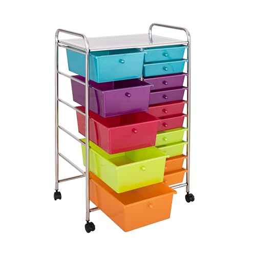 Seville Classics Rolling Utility Organizer Storage Cart , for Home Office, School, Classroom, Scrapbook, Hobby, Craft, 15 Drawer, Multicolor (Pearlized)