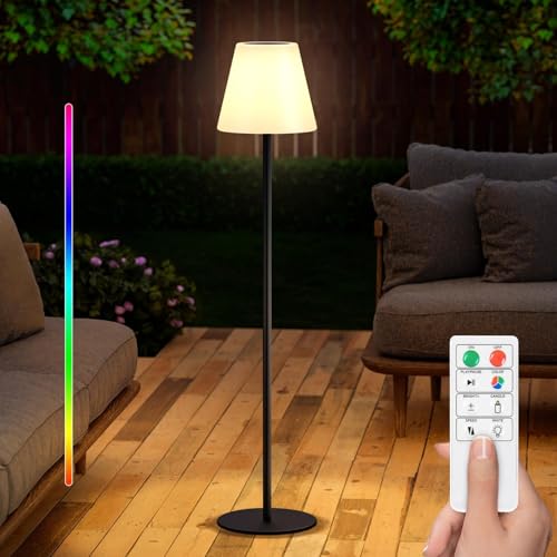 Solar Outdoor Floor Lamp USB Rechargeable Cordless Dimmable RGB Warm White LED Lights for Yard Garden Patio Round Base 59 inch Black