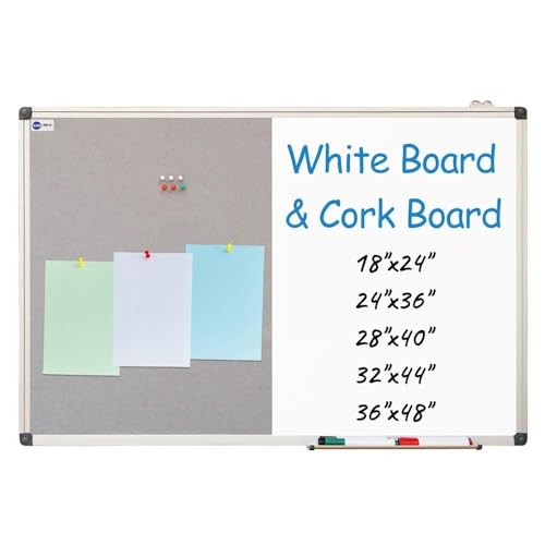 NEWPUTE 36 x 24 Inch White & Cork Board Combo - Grey Dry Erase & Bulletin Display