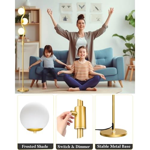 Lightdot 60IN Gold Floor Lamp Stepless Dimmable Globe Floor Lamps with 3Pcs 3000K G9 Bulbs Eye-Friendly Mid Century Standing Lamps with Stable Base for Living Room/Bedroom/Corner/Office