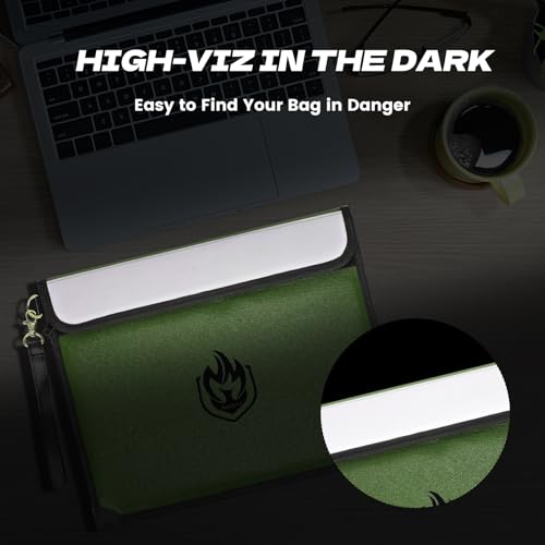 2 Pockets Fireproof Document Bag 6200¡ÆF, 10 Layers Waterproof Fireproof Money Bag for Cash with Reflective Strip, Heat Insulated Waterproof Document Holder Pouch, Fire Safe Storage (Green)