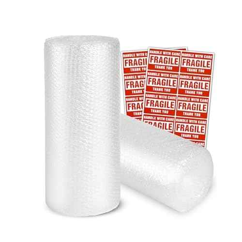 2-Pack Bubble Cushioning Wrap Rolls, 3/16" x 17" x 72' ft Total, Perforated 12" 20 Fragile Stickers for Shipping, Packaging, Mailing