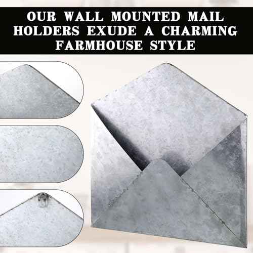 2 Pcs Galvanized Metal Envelope, Wall Mail Organizer Holder Mounted Rustic Wall Holder Farmhouse Pocket for Storage Mail Postcards Letters Bills Home and Office Decor