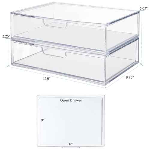 STORi STAX Plastic Stackable Organizer Drawers (Set of 2) Clear | 12.5" Wide | Set Includes Two Open Drawer | Organize Office Desk Accessories & Sort Paper | Made in USA
