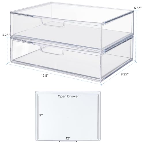 STORi STAX Clear Plastic Stackable Drawer Organizer Set of 2, 12.5" Wide, Open Front, Made in USA