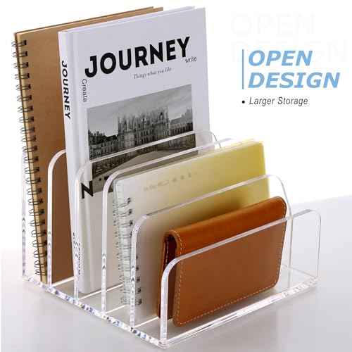 SANRUI Acrylic Desk File Organizer Holder for Desk, Clear Laddered 5 Upright Compartments Mail Sorters, Multifunction Desktop Envelope Folder Racks Document Holders for Office, Home, School