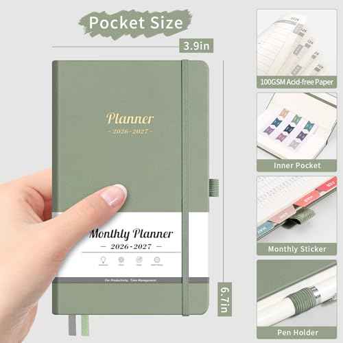 AHGXG Pocket Calendar 2026-2027 for Purse, Monthly Small Planner 2026-2027, Mini Size 3.9" x 6.7", 2 Year Monthly Planner (Jan 2026 - Dec 2027), Leather Hardcover, Sage Green