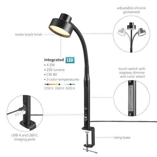 GLOBE Electric 62000036 15" LED Integrated Clamp Desk Lamp, Matte Black, Adjustable Silicone Gooseneck, Dimmable, 2.1 USB + USB-C Ports, 4.5 Watts, 3 Color Temperatures, 250 Lumens