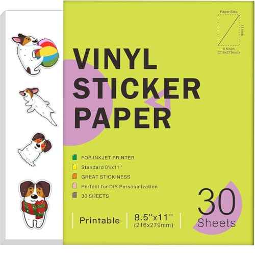 30 Sheets Premium Printable Vinyl Sticker Paper for Inkjet Printers Glossy White 8.5x11 Inch Waterproof & Vibrant Colours Retains Ink Well Tear Resistant Great for Cutting Machines