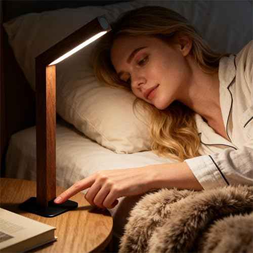 Wooden Desk Light £¬Dimmable Desk Lamp for Home Office with USB Wireless Charging Port £¬Touch Control RotatableDesk Adjustable Night Light(Sapele Wood)