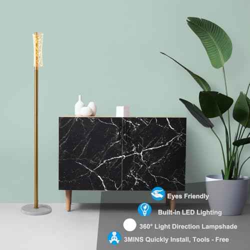 Fiqevs Crystal Floor Lamp, Modern Cylinder Standing Lamp with Crystal Lampshade, Cute LED Floor Light with 3000K Warm Lights, Gold Corner Tall Lamp for Living Room, Bedroom, Girls Room, Office