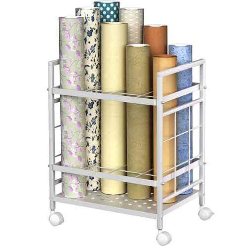 GIOTORENT Blueprint Storage Rack, Holder with Wheels, Map/Poster/Architectural Plan Storage, 12 Slots, 2 Brakes, Silent Wheels for Home, Office, School (White)