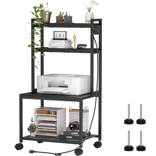 Printer Stand with Charging Station, 4-Tier Printer Stand with Storage, Large Tall Printer Table with Wheels for Home Office, Kitchen, Living Room, PrinterCart Beside Desk for Printer, Scanner Black