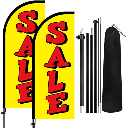 2 Sets Sale Themed Swooper Flag with Storage Bag Flagpole Kit and Ground Stake, 7 ft Sale Banner Feather Flag for Retail Store Business Advertising (Yellow, White)