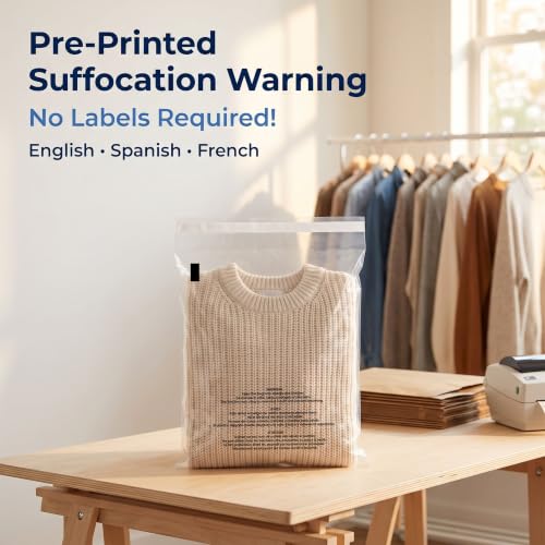 12 x 15 Inch Self Seal Clear Poly Bags 500 Count with Suffocation Warning - Bulk Shipping & Packaging Bags