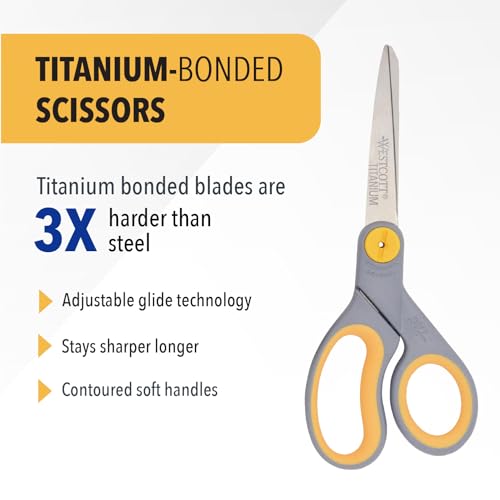 Westcott 8-Inch Titanium Bonded Scissors with Adjustable Glide – 1-Pack, Gray/Yellow